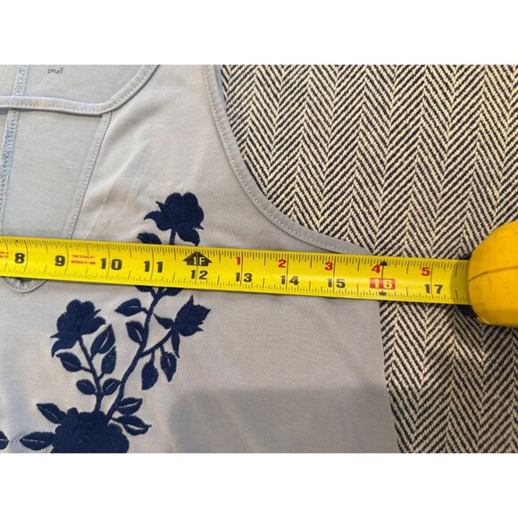 Alya Blue Sleeveless Peplum Tank Top With Navy Embroidered Floral Design Size S - Picture 10 of 10